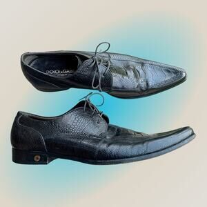 Dolce & Gabbana Pointy Toe Oxford Black Ostrich Leather Tie Shoes 8.5 US Italy